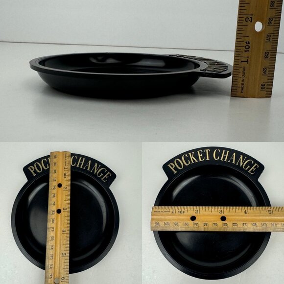 Vintage Black Plastic Round Pocket Change Collect Dish Trinket Gold Accent READ - Picture 3 of 11